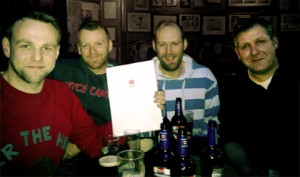 Shynola and Matthew De Abaitua (far right) with the script of The Red Men